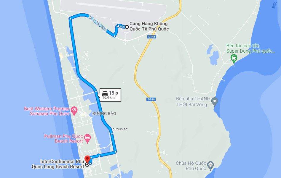 Khoảng cách từ sân bay Phú Quốc đến resort InterContinental