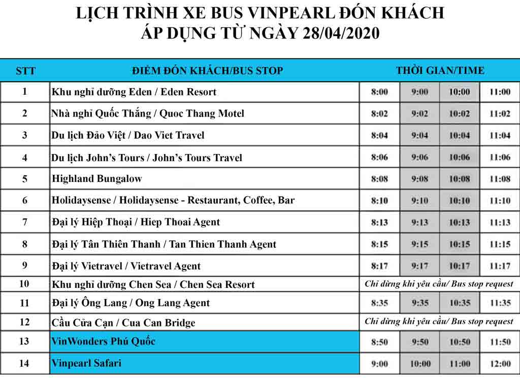 Lịch trình và điểm đón xe bus Vinpearl Phú Quốc