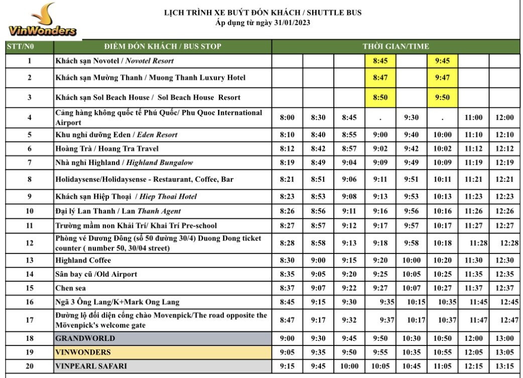 Lịch xe bus Vinpearl đón khách từ 31-01-2023