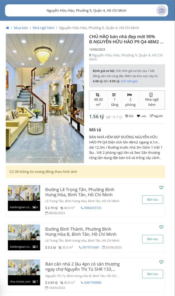 Màn hình chi tiết tin đăng với thông tin hữu ích
