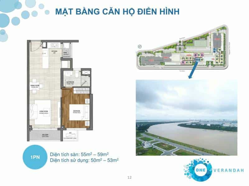 Mặt bằng căn hộ One Verandah 1 phòng ngủ