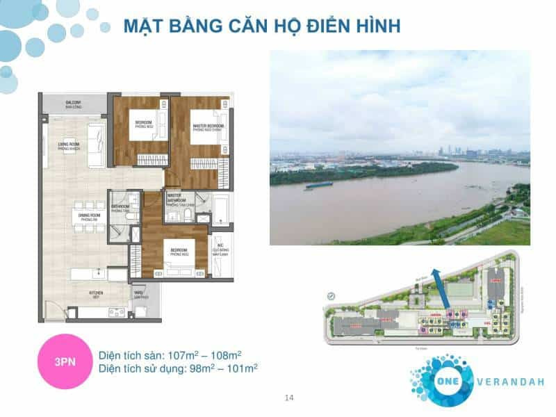 Mặt bằng căn hộ One Verandah 3 phòng ngủ