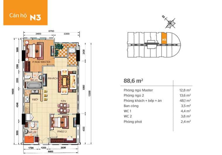 Mặt bằng căn hộ Phúc Yên 2 - căn n3