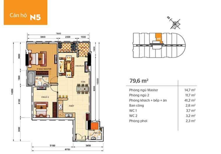 Mặt bằng căn hộ Phúc Yên 2 - căn n5