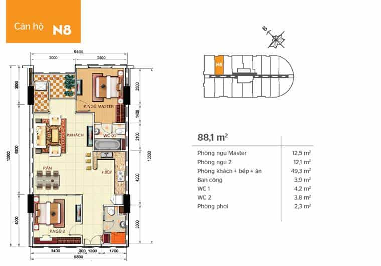 Mặt bằng căn hộ Phúc Yên 2 - căn n8