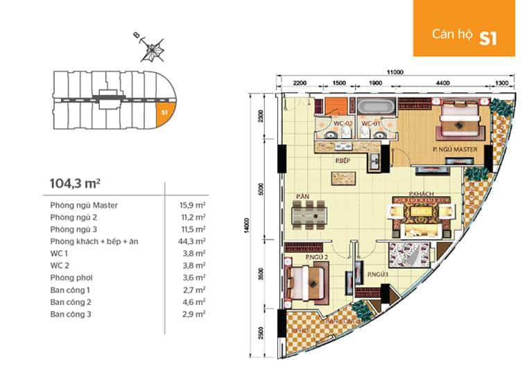 Mặt bằng căn hộ Phúc Yên 2 - căn s1