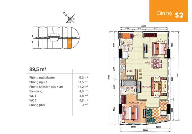 Mặt bằng căn hộ Phúc Yên 2 - căn s2