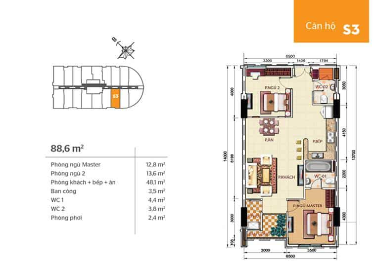 Mặt bằng căn hộ Phúc Yên 2 - căn s3