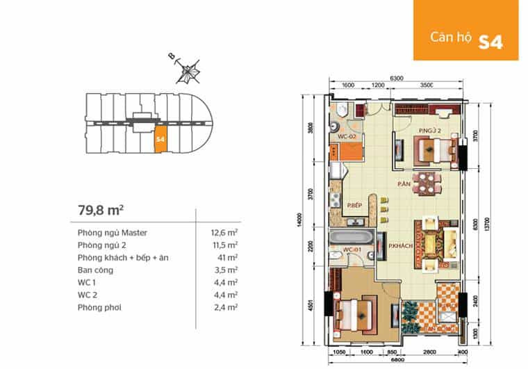 Mặt bằng căn hộ Phúc Yên 2 - căn s4