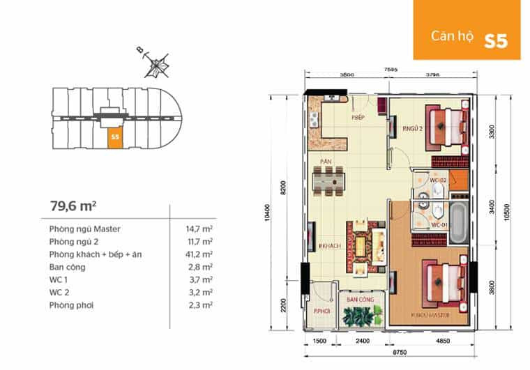 Mặt bằng căn hộ Phúc Yên 2 - căn s5