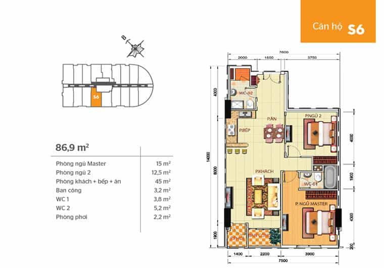 Mặt bằng căn hộ Phúc Yên 2 - căn s6