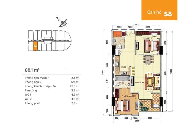 Mặt bằng căn hộ Phúc Yên 2 - căn s8