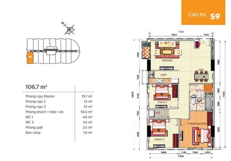 Mặt bằng căn hộ Phúc Yên 2 - căn s9
