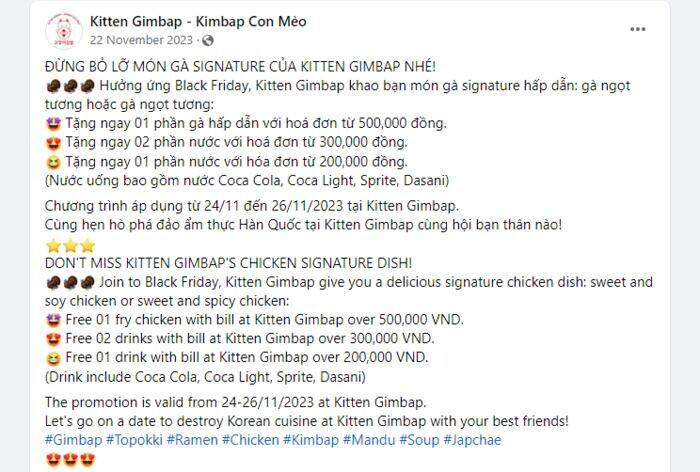Mẫu bài viết quảng cáo quán ăn tổ chức Black Friday