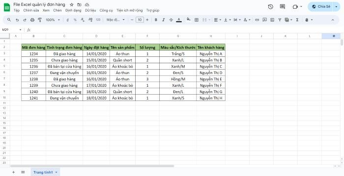 Mẫu File Excel quản lý đơn hàng
