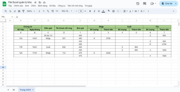 Mẫu file Excel quản lý kho