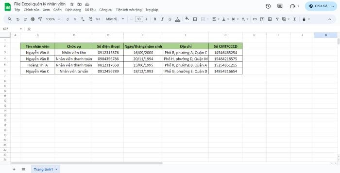 Mẫu file Excel quản lý nhân viên
