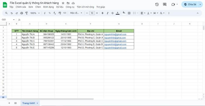 Mẫu file Excel quản lý thông tin khách hàng