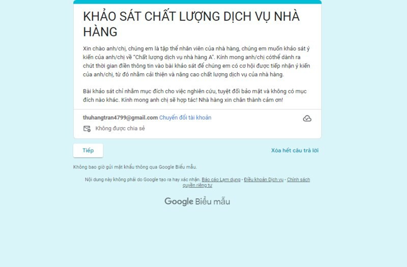 Mẫu form khảo sát dịch vụ nhà hàng phân chia theo phần