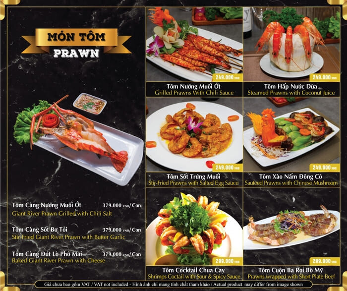 Menu Alacarte với giá cả rõ ràng