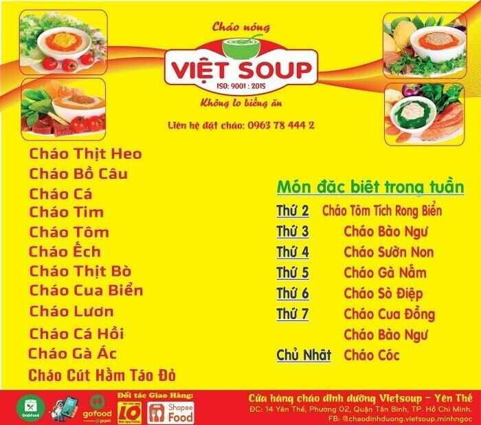 Menu cháo dinh dưỡng Việt Soup