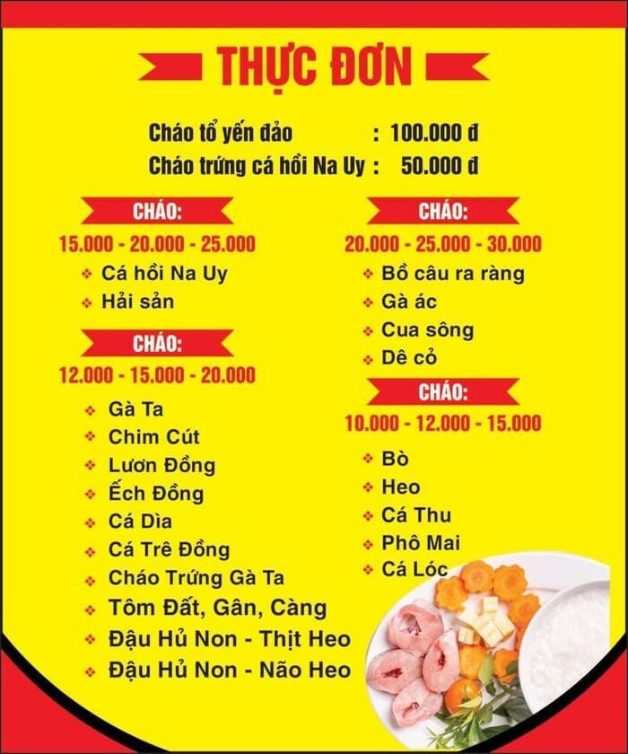 Menu cửa hàng cháo dinh dưỡng