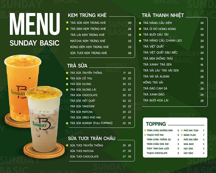 Menu trà sữa Sunday Basic