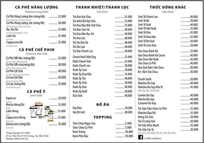 Menu Trung Nguyên E-Coffee