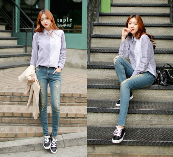 Mix giày thể thao đen với áo sơ mi