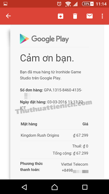 Nhận email cảm ơn từ Google Play kèm hóa đơn mua hàng