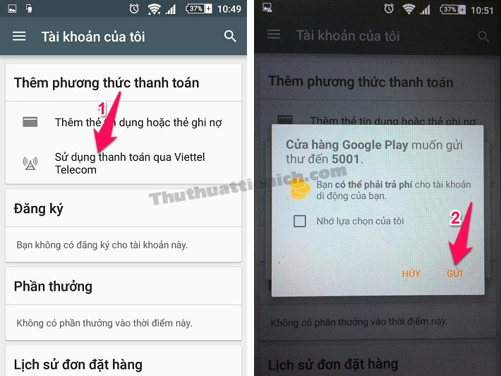 Nhấn vào tùy chọn Sử dụng thanh toán qua Viettel Telecom rồi nhấn nút Gửi