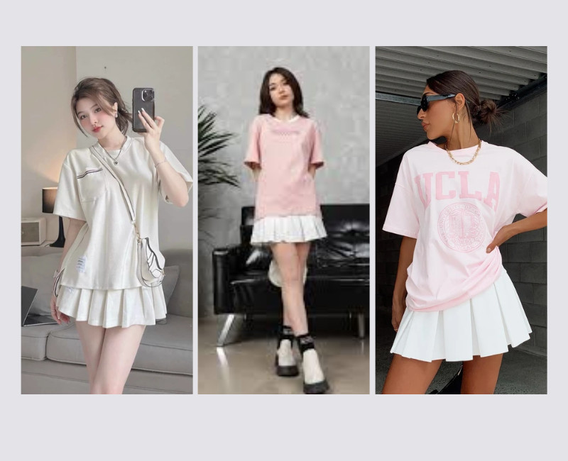 phối áo phông form rộng với chân váy ngắn