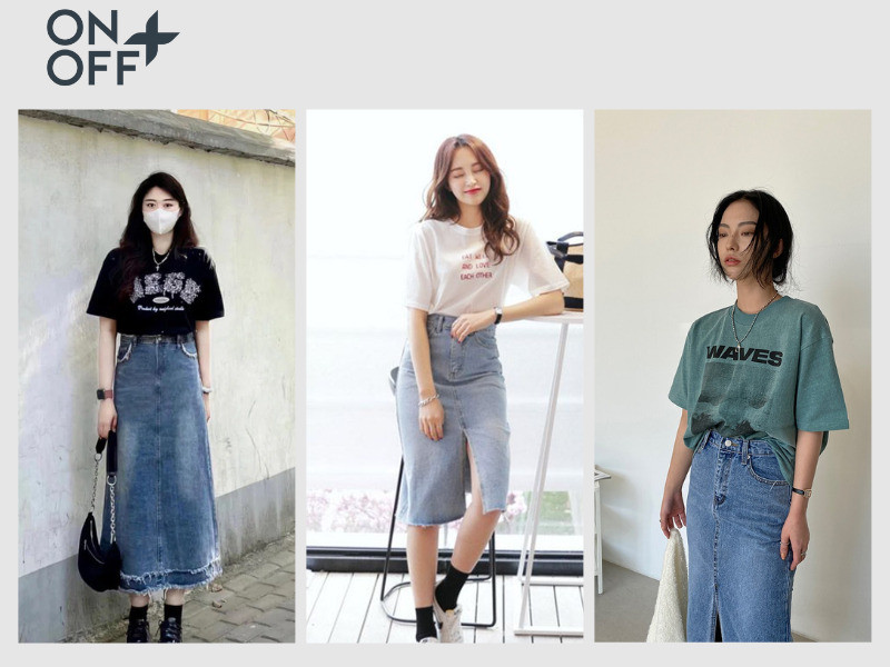 Phối áo phông oversize với chân váy jeans dài