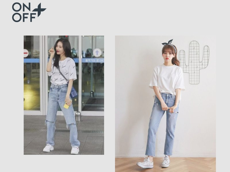 Phối áo thun nữ cùng quần jeans dáng suông