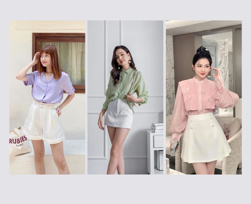 phối chân váy trắng với áo màu pastel