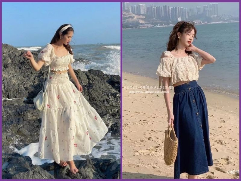 Phối croptop trễ vai với chân váy midi