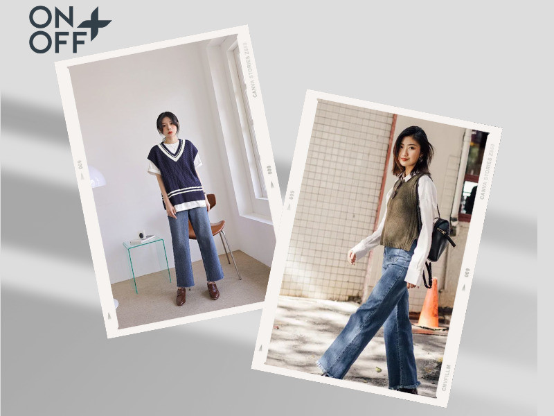 Phối outfit gile len với áo thun dài tay