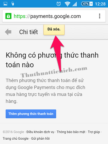 Thông báo đã xóa phương thức thanh toán thành công