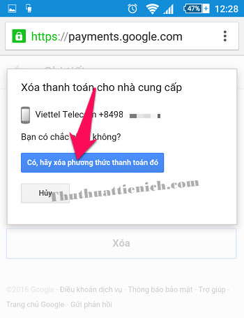 Tiếp tục nhấn nút Có, hãy xóa phương thức thanh toán đó