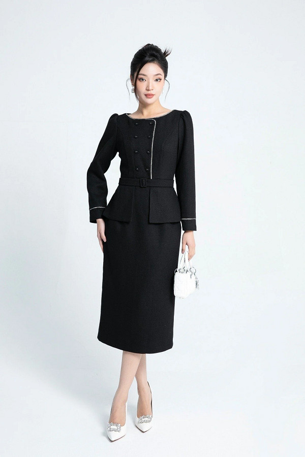 Váy đen dài tay dáng peplum sang trọng