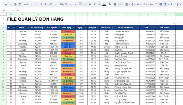 Ví dụ một file quản lý đơn hàng excel