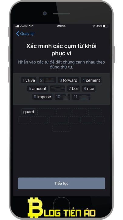 Xác nhận cụm từ khôi phục ví Trust Wallet