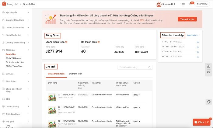 Xem báo cáo thu nhập tại Kênh người bán để kiểm tra phí bán hàng trên Shopee